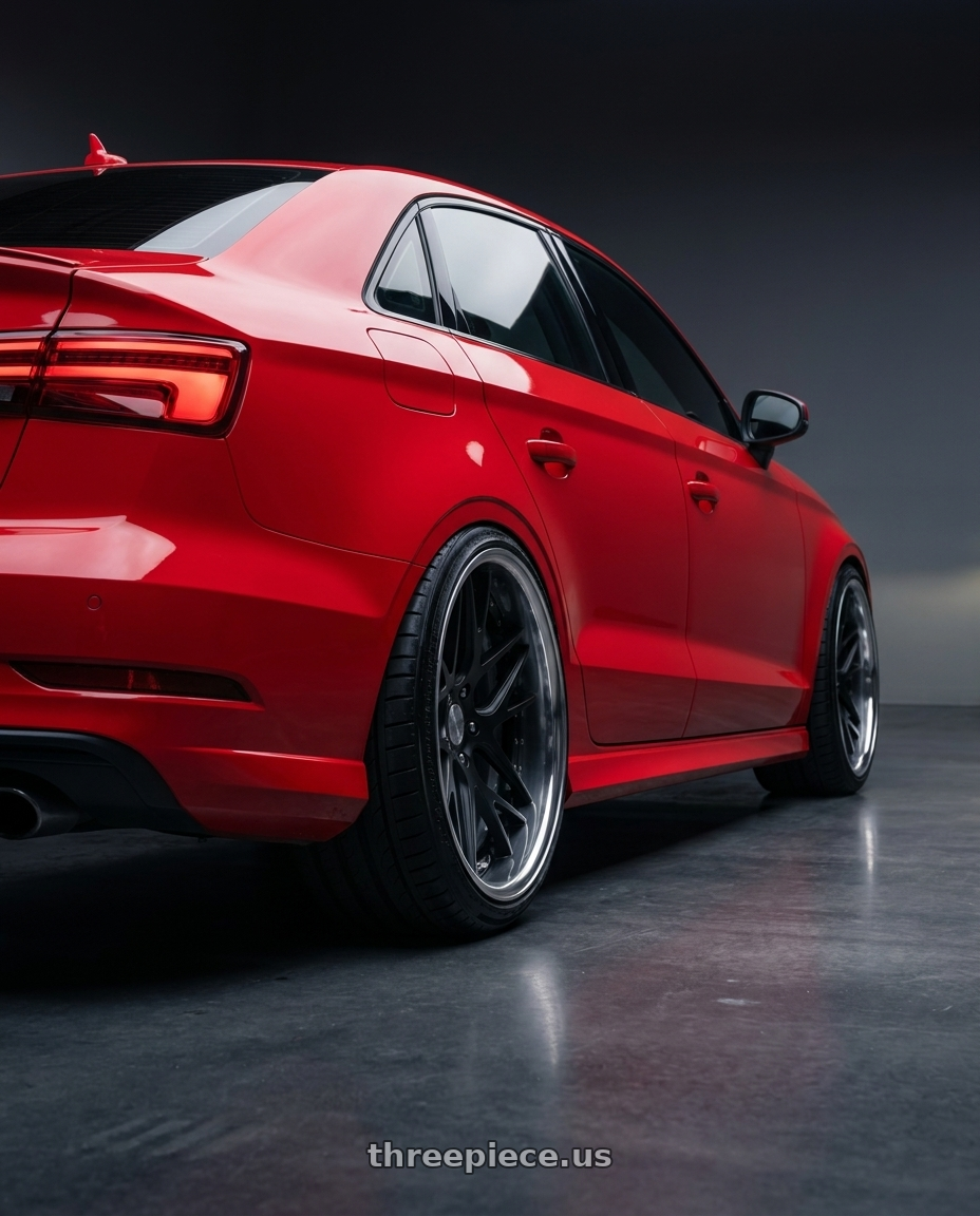 2017 Audi S3 with Work Gnosis Cvx 5x112 20x10+30 A Disk Matte Black wheels rear three quarter view extreme stretch tires