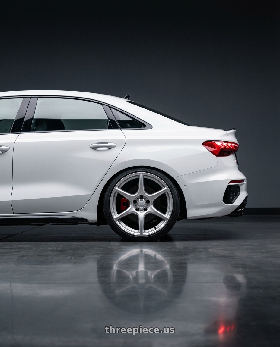 2024 Audi S3 8Y with Kansei K11S Tandem 5X112 19x9.5 22 Hyper Silver wheels rear three quarter view square tires