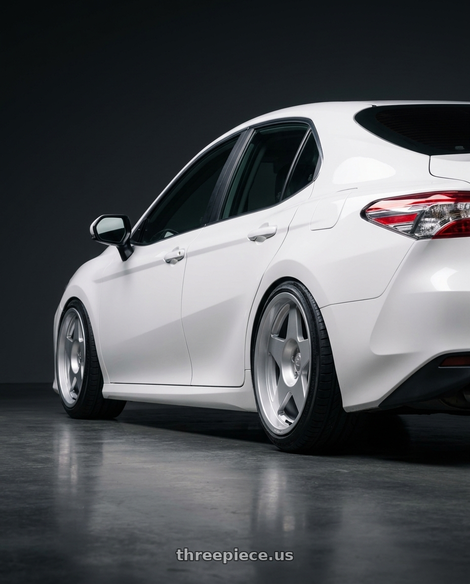 2020 toyota  Camry  with fifteen52 Tarmac 5x108 18X8.5 +42 SPEED SILVER (GLOSS SILVER) wheels rear three quarter view extreme stretch tires