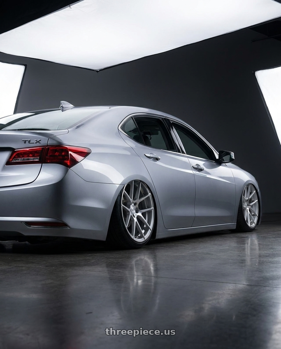 2019 Acura TLX with Avant Garde Wheels M510 5X114.3 20x8.5 +20 Satin Silver wheels rear three quarter view slight stretch tires