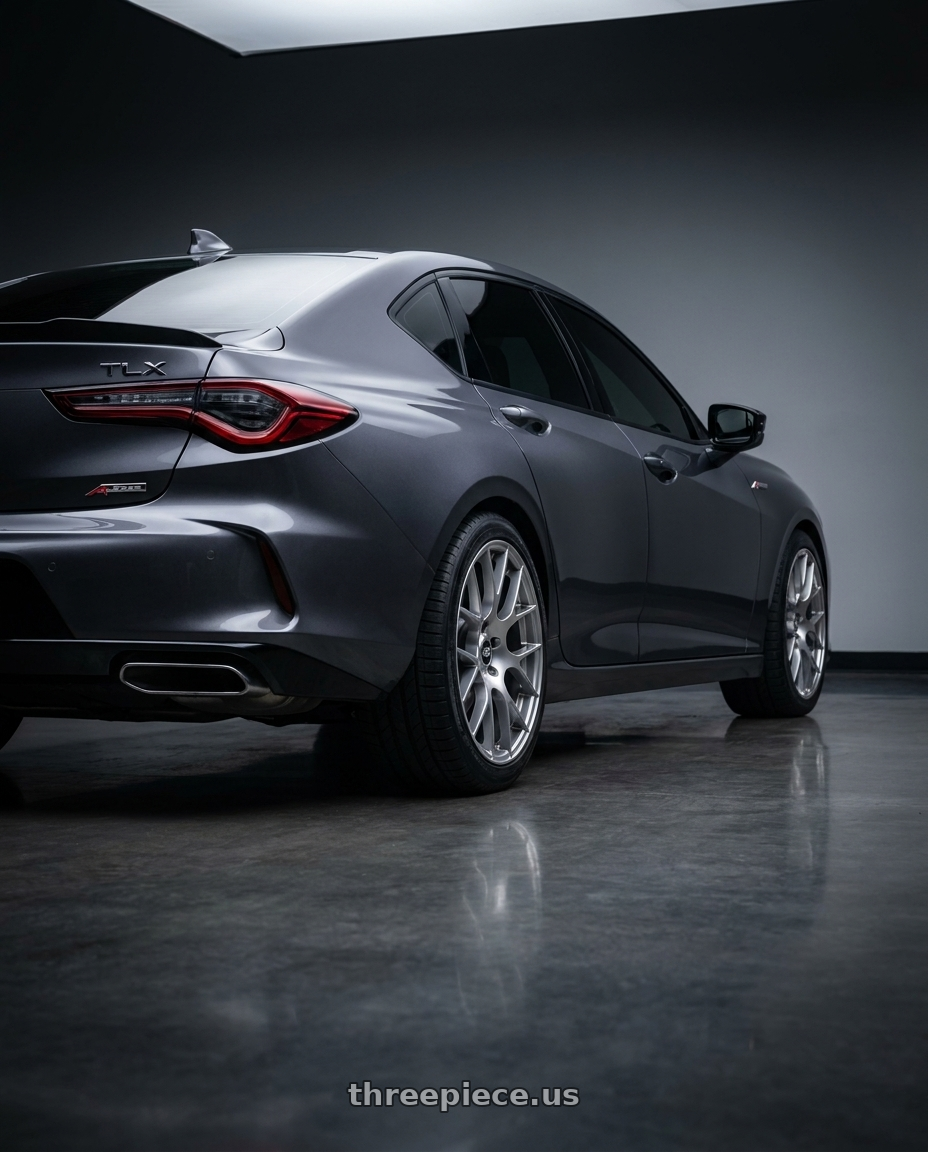 2021 Acura TLX A-Spec, dark grey  with Enkei Raijin 5x120 19x8.5+38 Hyper Silver wheels rear three quarter view square tires