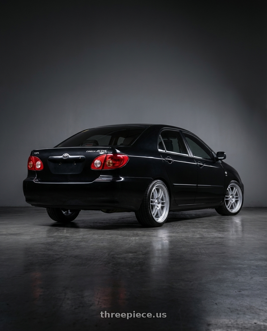 2006 Toyota Corolla Altis with KATANA RACING KR02 4x100/4x114.3 17x7.5 +40 Glossy Sliver wheels rear three quarter view square tires