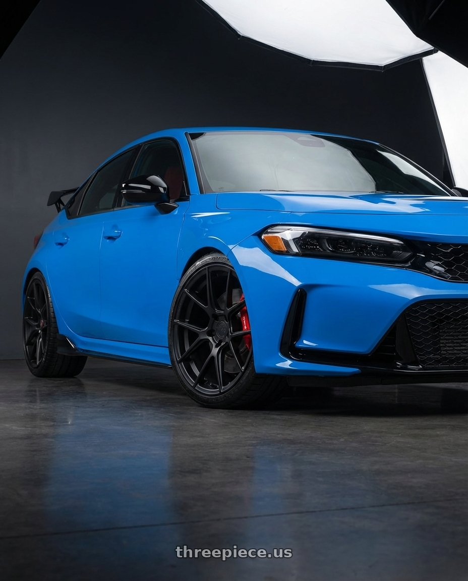 2024 Honda Civic Type R with Avant Garde Wheels M510 5X120 19x9.5 +40 Matte Black wheels front three quarter view lowered stance