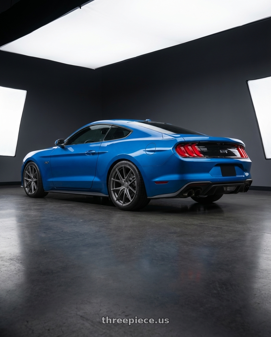 2022 Ford Mustang GT with Niche 1PC M116 MISANO 5X114.3 19X8.5 +33 MATTE GUN METAL wheels rear three quarter view square tires