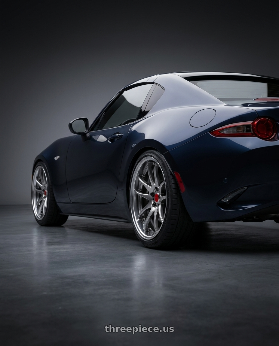 2026 Mazda Miata rf gt with Work Cr 2P 4x100 17x8.0 +38 GT Silver wheels rear three quarter view square tires