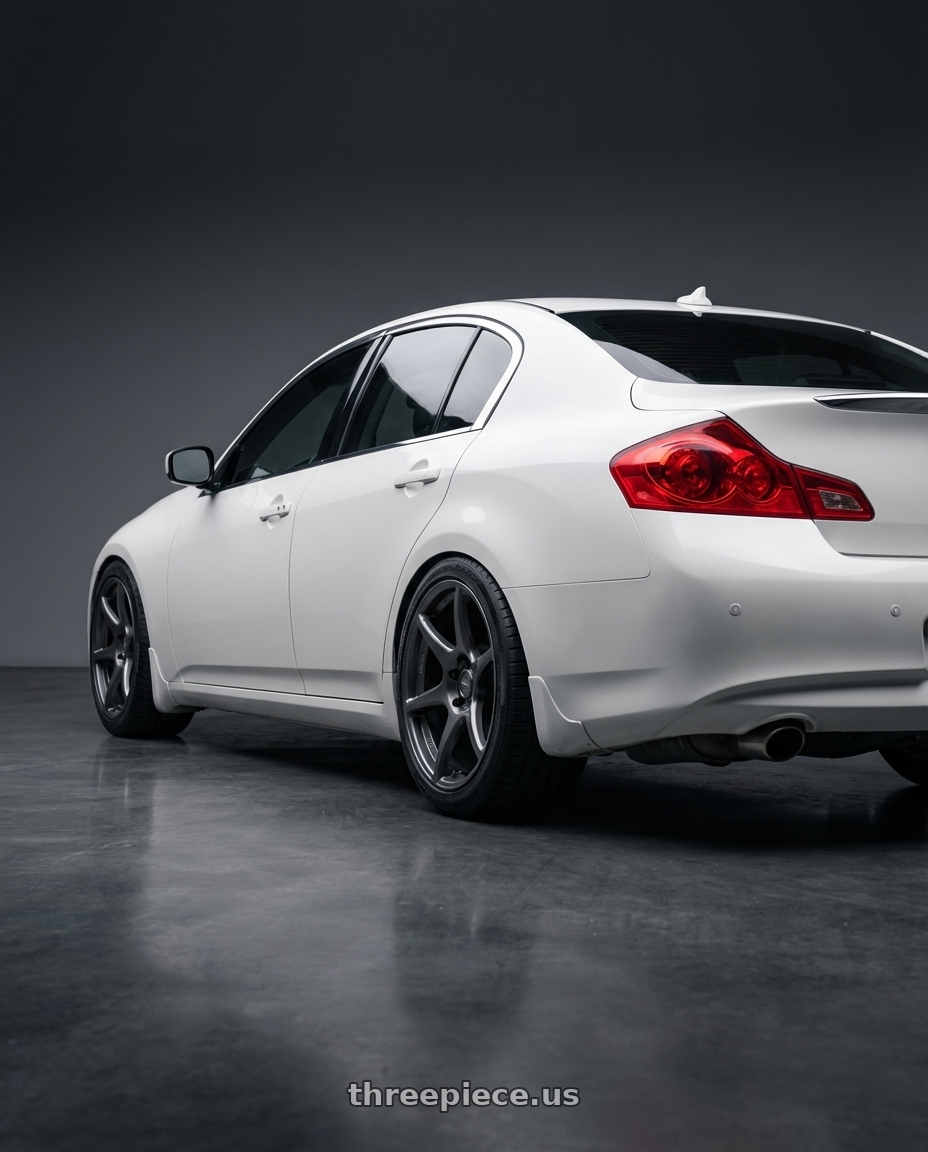2012 Infiniti G37 with Kansei K11G Tandem 5x114.3 19x10.5 12 Gunmetal wheels rear three quarter view square tires