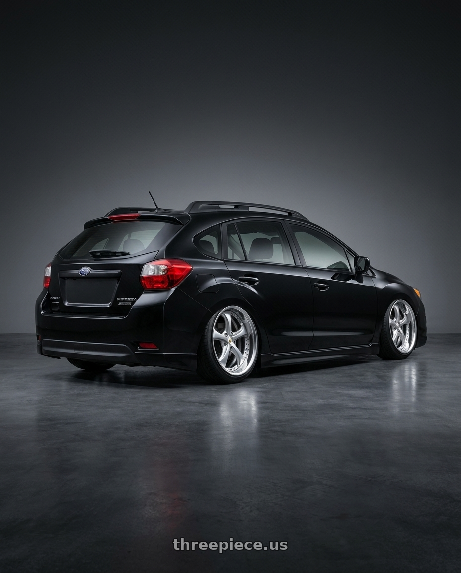 2012 subaru impreza sport black  with Work Wheels VS-KF 5x112 18x10+28 Light Grey Silver A Disk FULL REVERSE wheels rear three quarter view extreme stretch tires