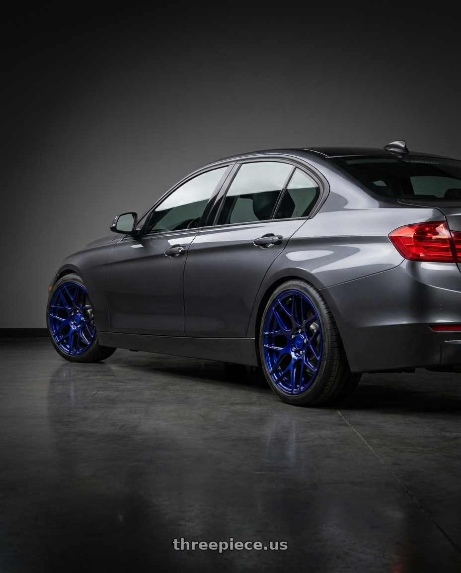 2012 Bmw F30 with MRR FS1 5x120 18x8.5  +35 Candy Blue wheels rear three quarter view square tires