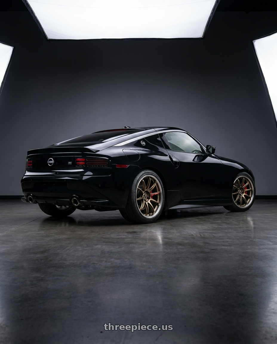2023 nissan z with Work Zr10 2P 5x114.3 19x9.5 +18 Matte Bronze wheels rear three quarter view square tires