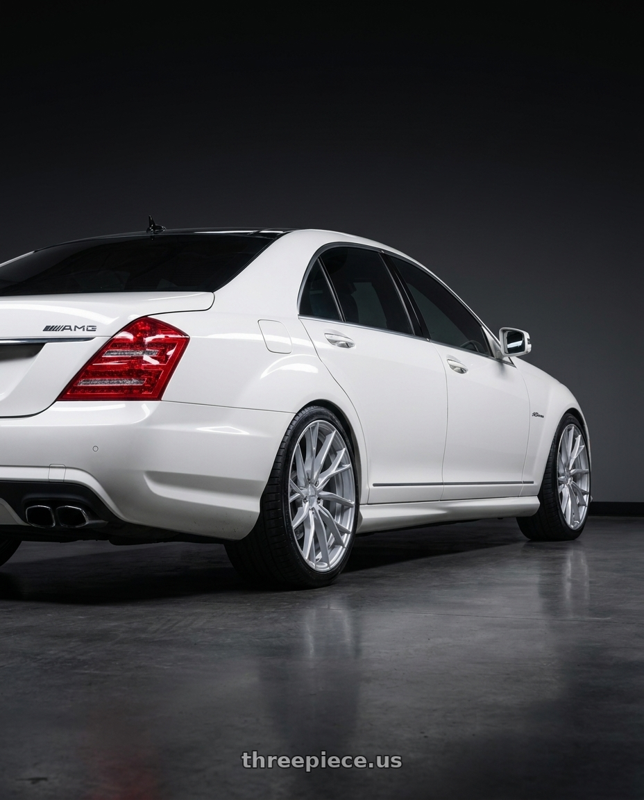 2009 mercesdes Benz s63 with Niche 1PC M273 NOVARA 5X112 20X10.5 +40 SILVER wheels rear three quarter view square tires