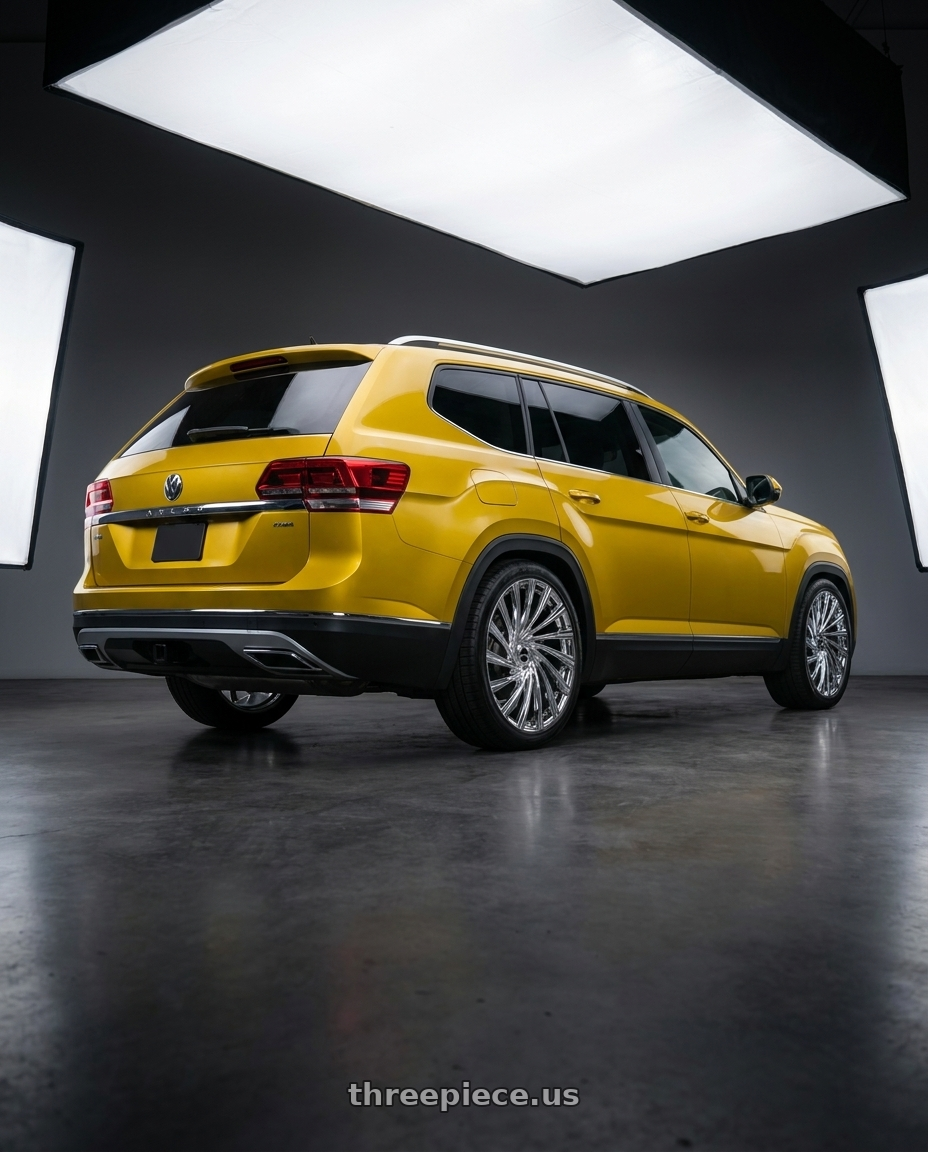 2018 vw atlas with Strada Tornado Blank 26x10 +15 Chrome wheels rear three quarter view square tires