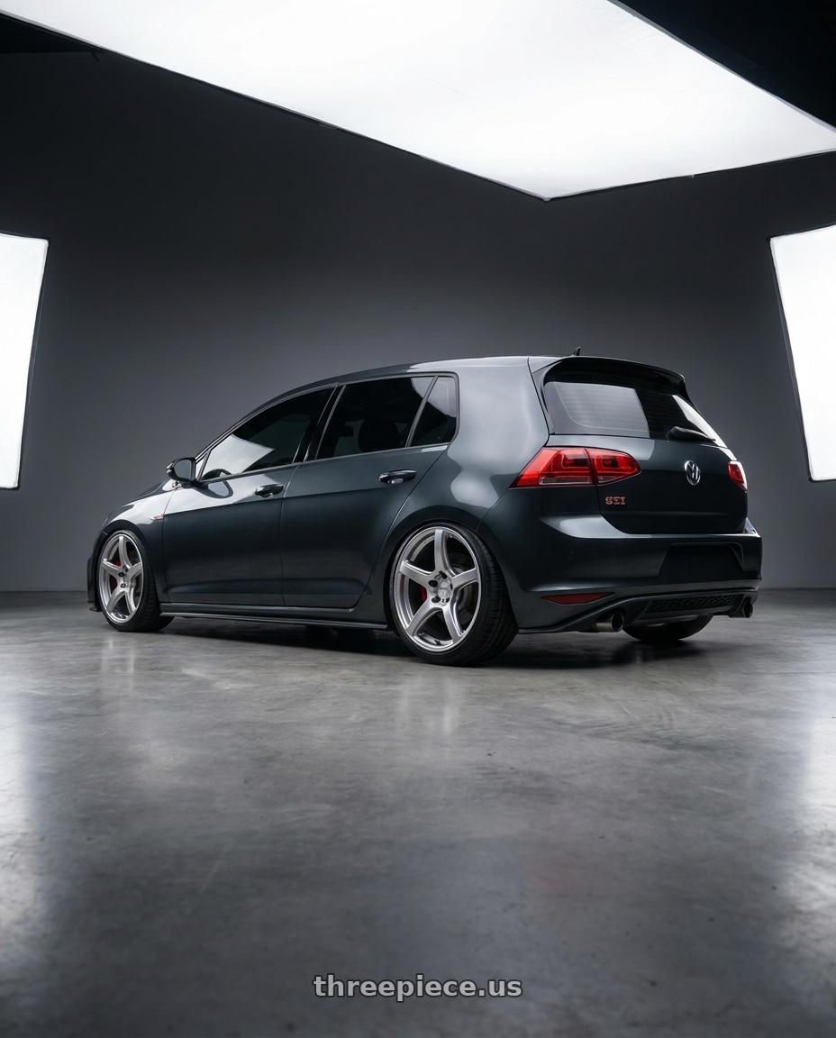 2021 Volkswagen Gti with Work Emotion T5r 5x114.3 18x8.5 +35 Glow Silver wheels rear three quarter view slight stretch tires