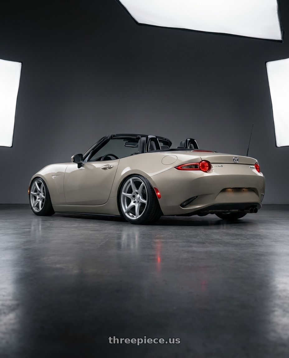 2021 Mazda MX-5 Miata ND with Kansei K11S Tandem 5x114.3 17x9 35 Hyper Silver wheels rear three quarter view slight stretch tires