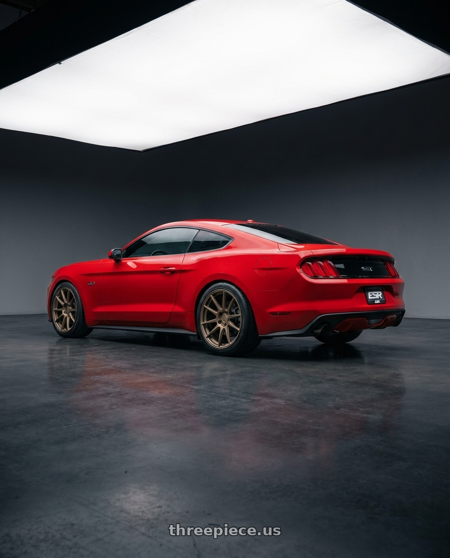 2015 mustang gt with ESR Wheels CS SERIES CS8 5x100 19x9.5 +22 Matte Bronze wheels rear three quarter view square tires