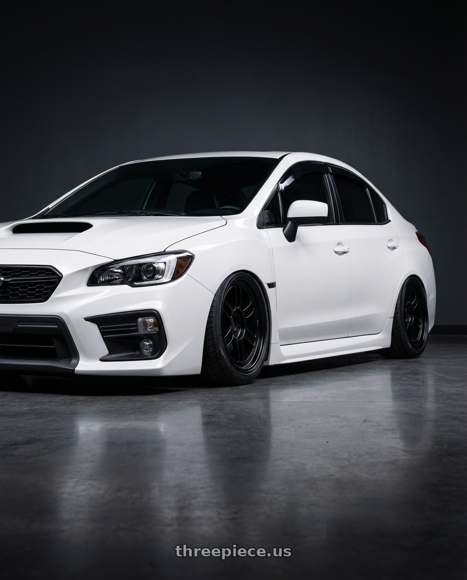 2015 Subaru wrx  with Enkei RPF1 5x114.3 18x9.5+15 Black wheels front three quarter view stanced stance