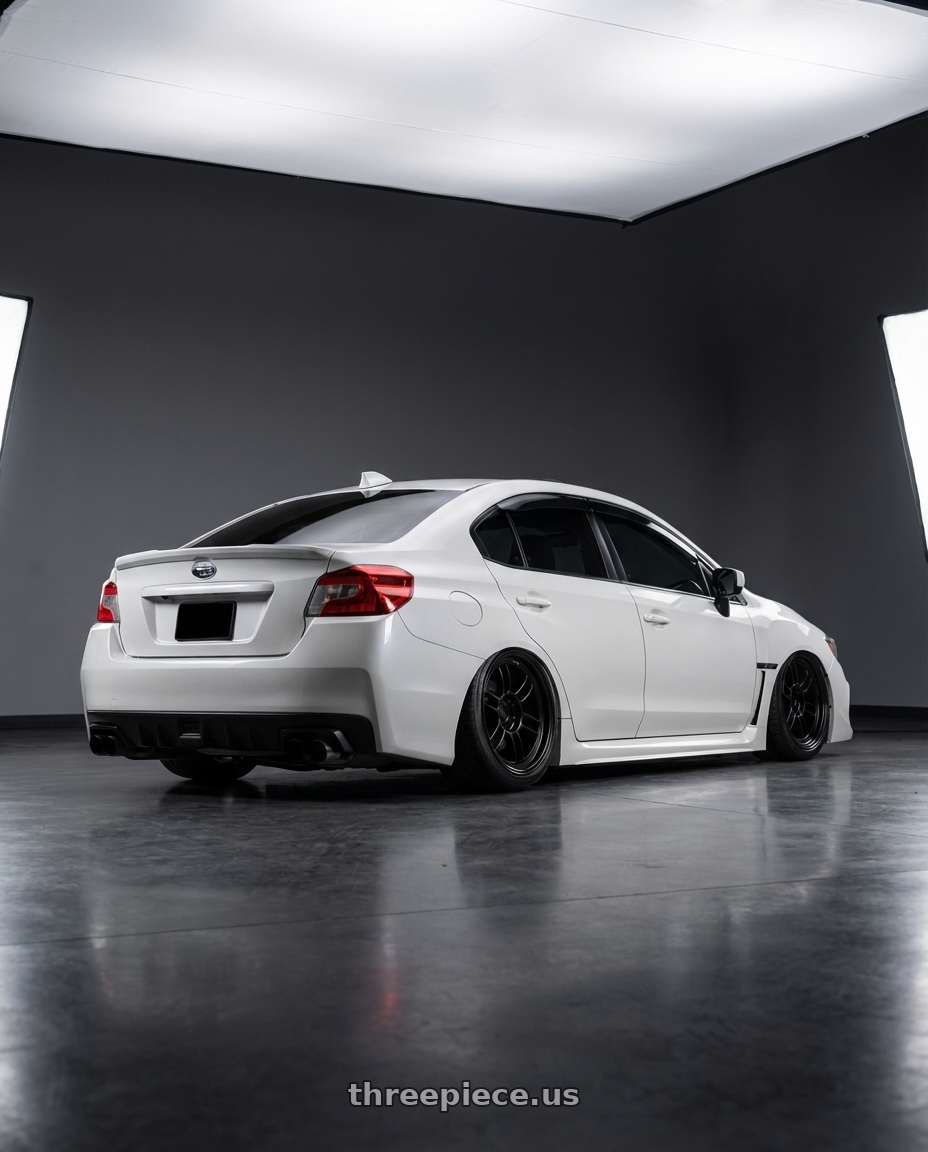 2015 Subaru wrx  with Enkei RPF1 5x114.3 18x9.5+15 Black wheels rear three quarter view extreme stretch tires