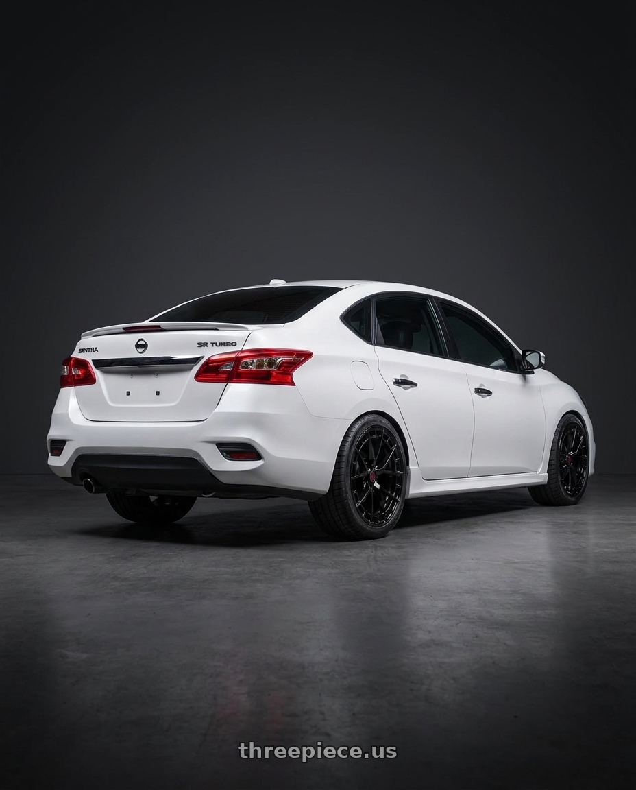 2017 Nissan Sentra Sr Turbo with TIS Motorsports 504B 5x114.3 17x7.5 +35 Gloss Black wheels rear three quarter view square tires