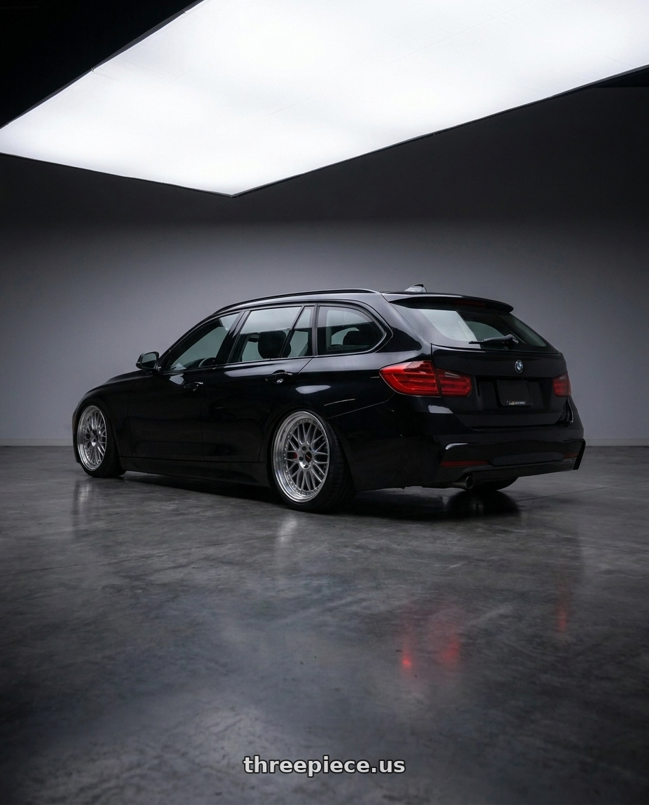 2014 BMW 328d with Work Emotion Zr10 5x120 18x9.5 +38 Glim Black Diamond Rim cut wheels rear three quarter view square tires