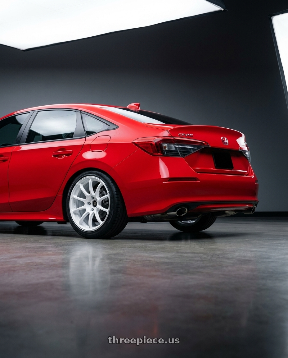 2026 Honda Civic Si with Advan Racing RSIII 5x114.3 18x10.5 +15 RACING WHITE METALLIC & RING wheels rear three quarter view slight stretch tires