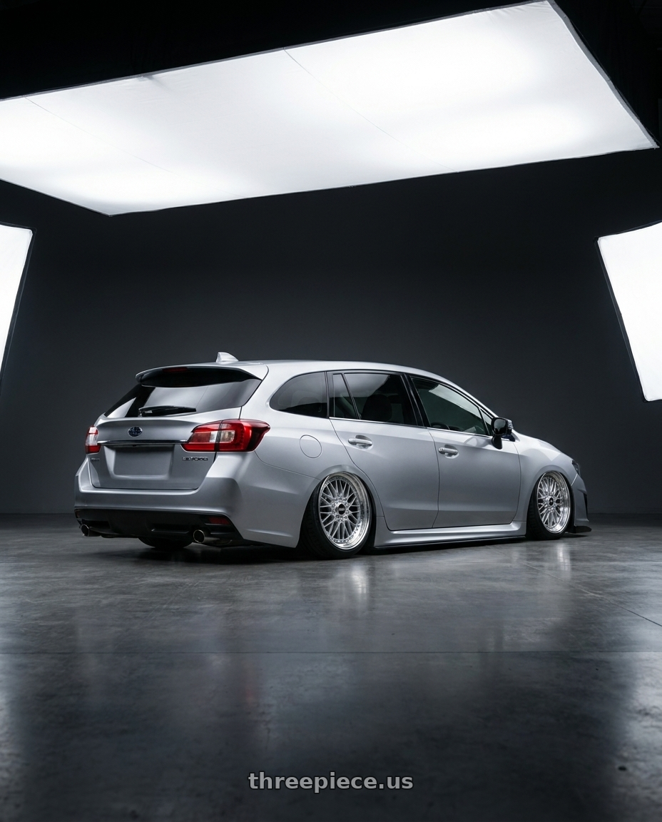 2019 Subaru levorg with BBS Super-RS 5x112 19x9.0+42 Silver wheels rear three quarter view slight stretch tires