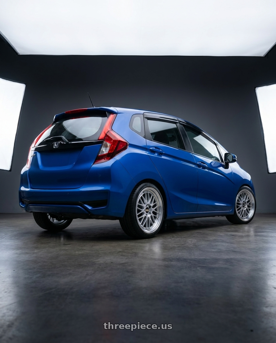 2017 Honda Fit  with BBS LM 5x114.3 17x7.5+38 Diamond Silver wheels rear three quarter view square tires