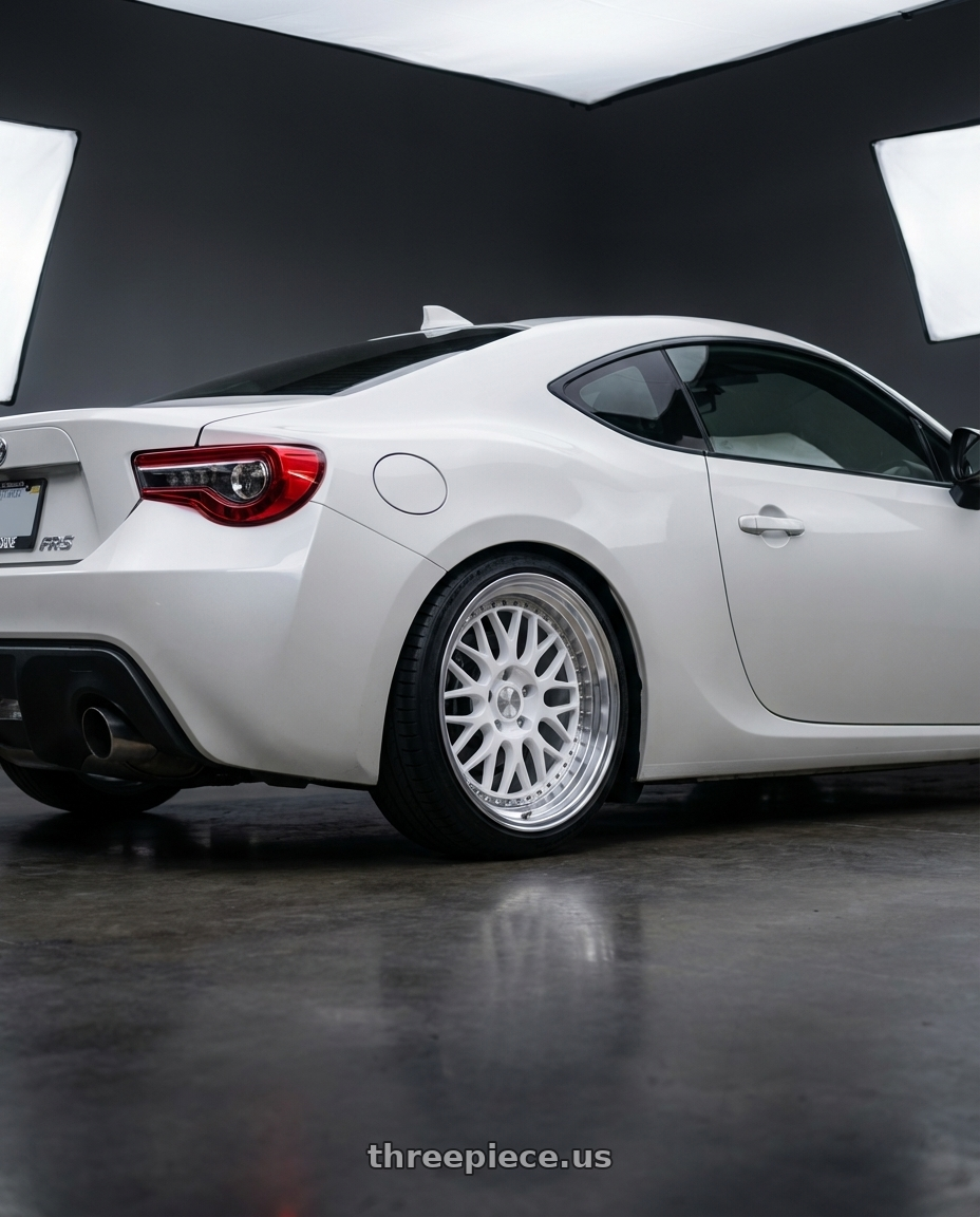 2016 Scion FR-S with ESR Wheels SR SERIES SR01 5x100 17x8.5 +30 Gloss White wheels rear three quarter view square tires
