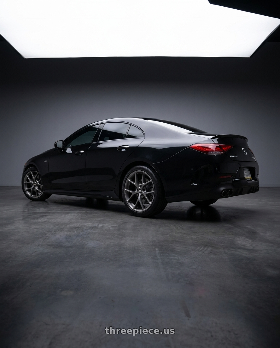 2020 Mercedes CLS53 AMG  with BBS SR 5x112 19x8.5+32 Satin Himalaya Grey wheels rear three quarter view square tires