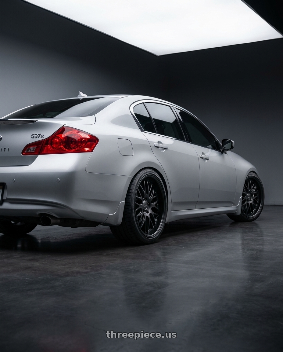 2013 infiniti g37x sedan with Work Gnosis Gr204 5x114.3 19x9.5+22 O Disk Matte Black wheels rear three quarter view square tires
