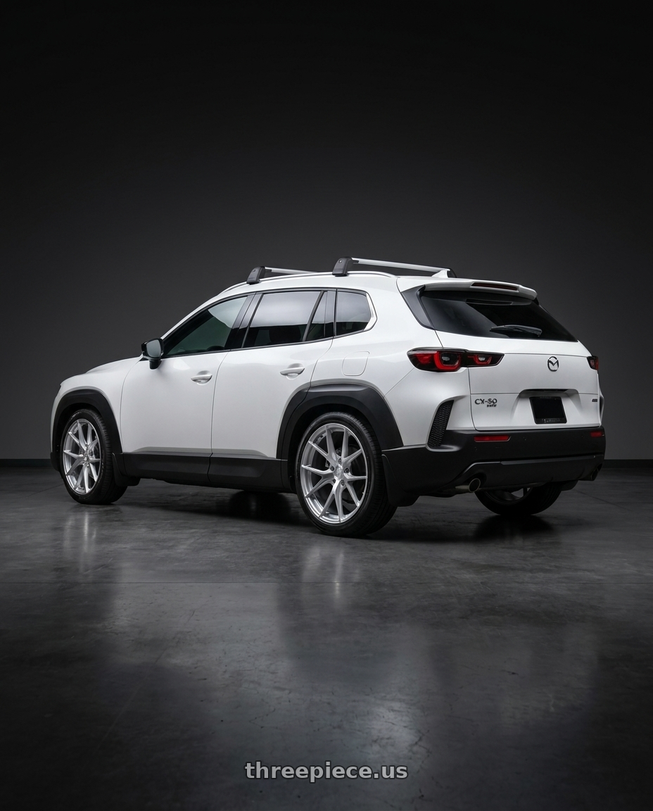 2026 mazda cx50 with Aodhan AFF7 5x114.3 20x9+30 Gloss Silver Machined Face wheels rear three quarter view square tires