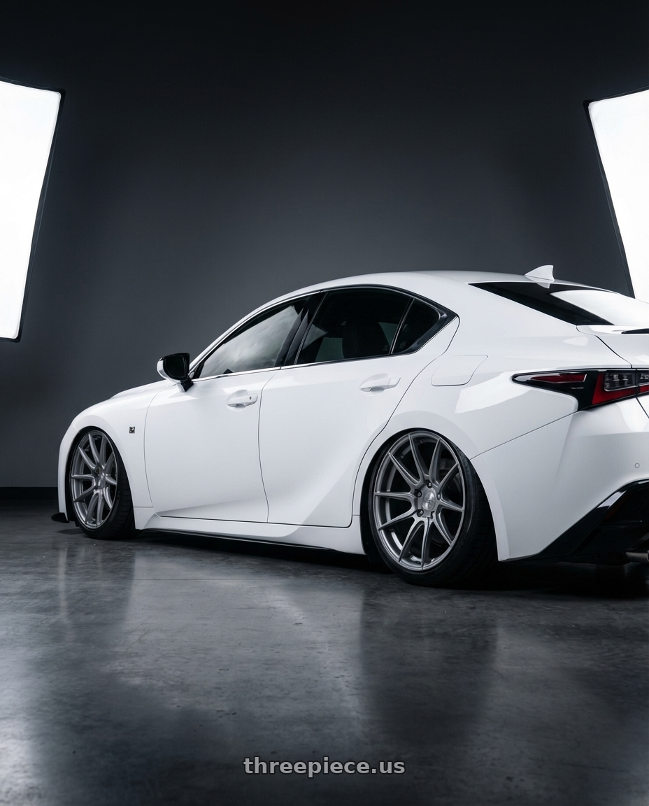 2024 Lexus IS 350 with Avant Garde Wheels M510 5X114.3 19x9.5 +40 Dolphin Grey wheels rear three quarter view slight stretch tires