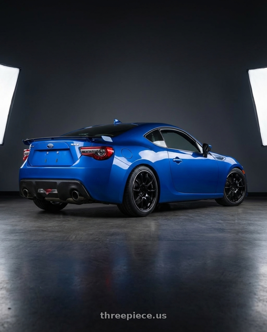 2017 Subaru BRZ with Advan Racing RZII 5x100 17x7.5 +45 RACING GLOSS BLACK & RING wheels rear three quarter view square tires