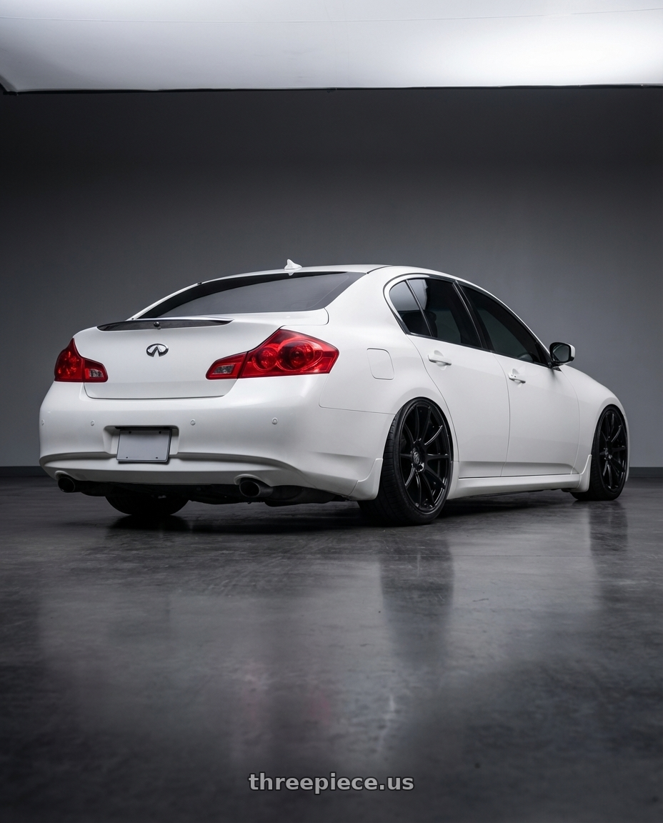2012 Infiniti G37 with Forgestar CF10 5x114.3 19x9.5 +29 Gloss Black wheels rear three quarter view slight stretch tires