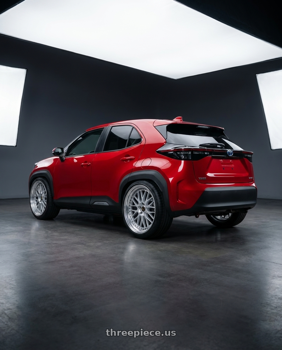 2022 Toyota Yaris Cross with Work Vs-Xx 5x100 18x9+38 A Disk Light Grey Silver wheels rear three quarter view meaty tires
