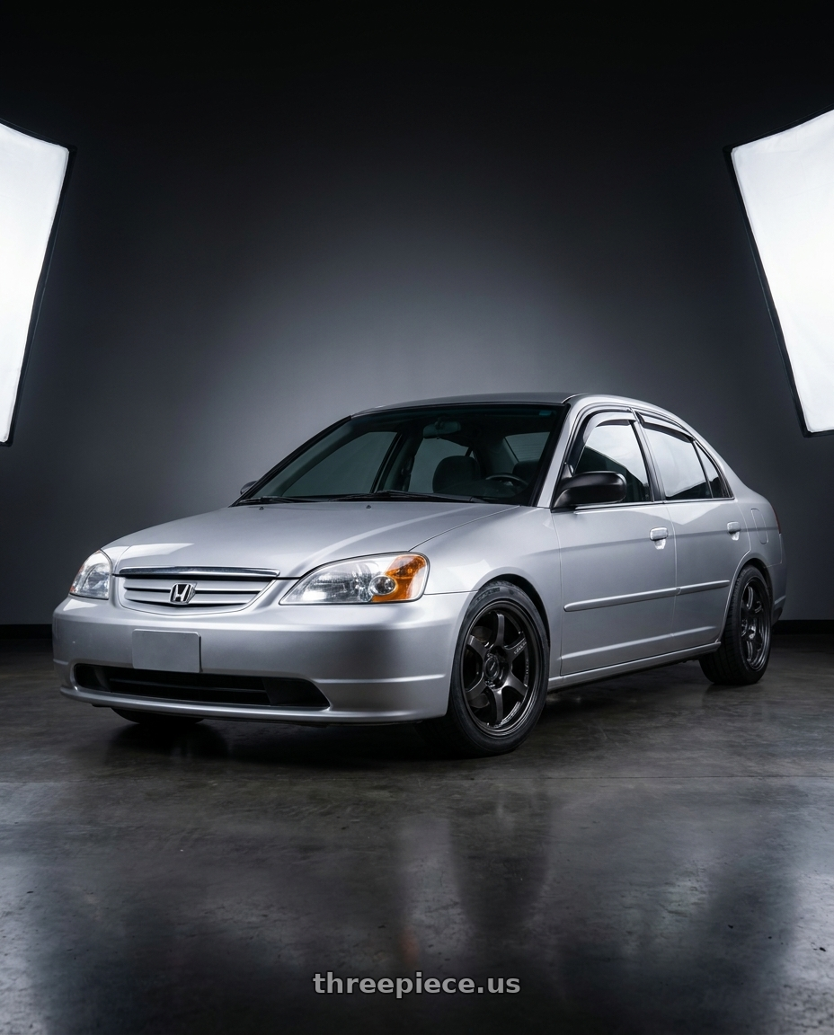 2002 civic ex sedan silver with Gram Lights 57CR 4x100 15x8 +35 SUPER DARK GUNMETAL wheels
