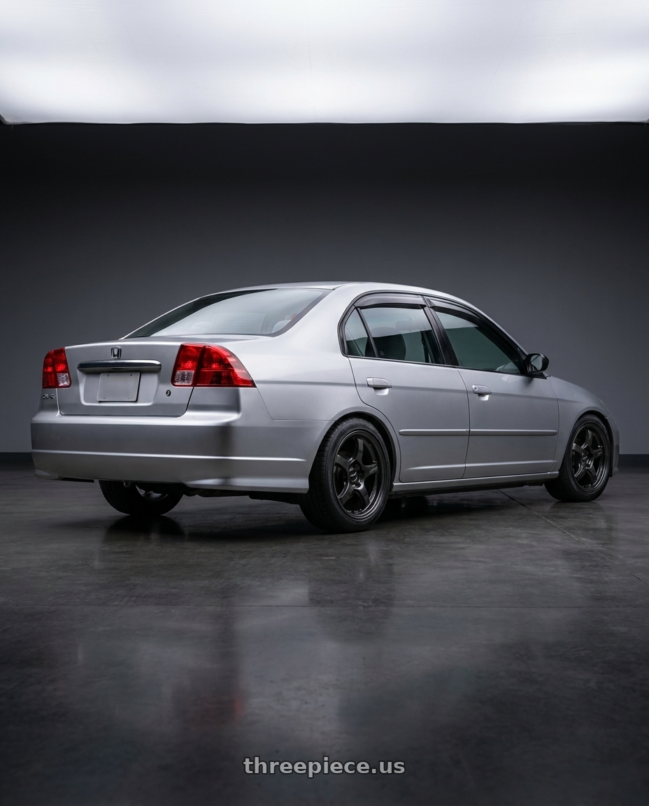 2002 civic ex sedan silver with Gram Lights 57CR 4x100 15x8 +35 SUPER DARK GUNMETAL wheels rear three quarter view square tires