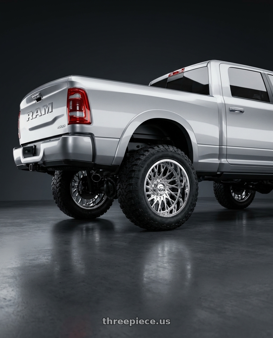 2019 dodge ram 2500 with Fittipaldi Offroad FA08 8x6.50 22x12 -44 Chrome wheels rear three quarter view meaty tires