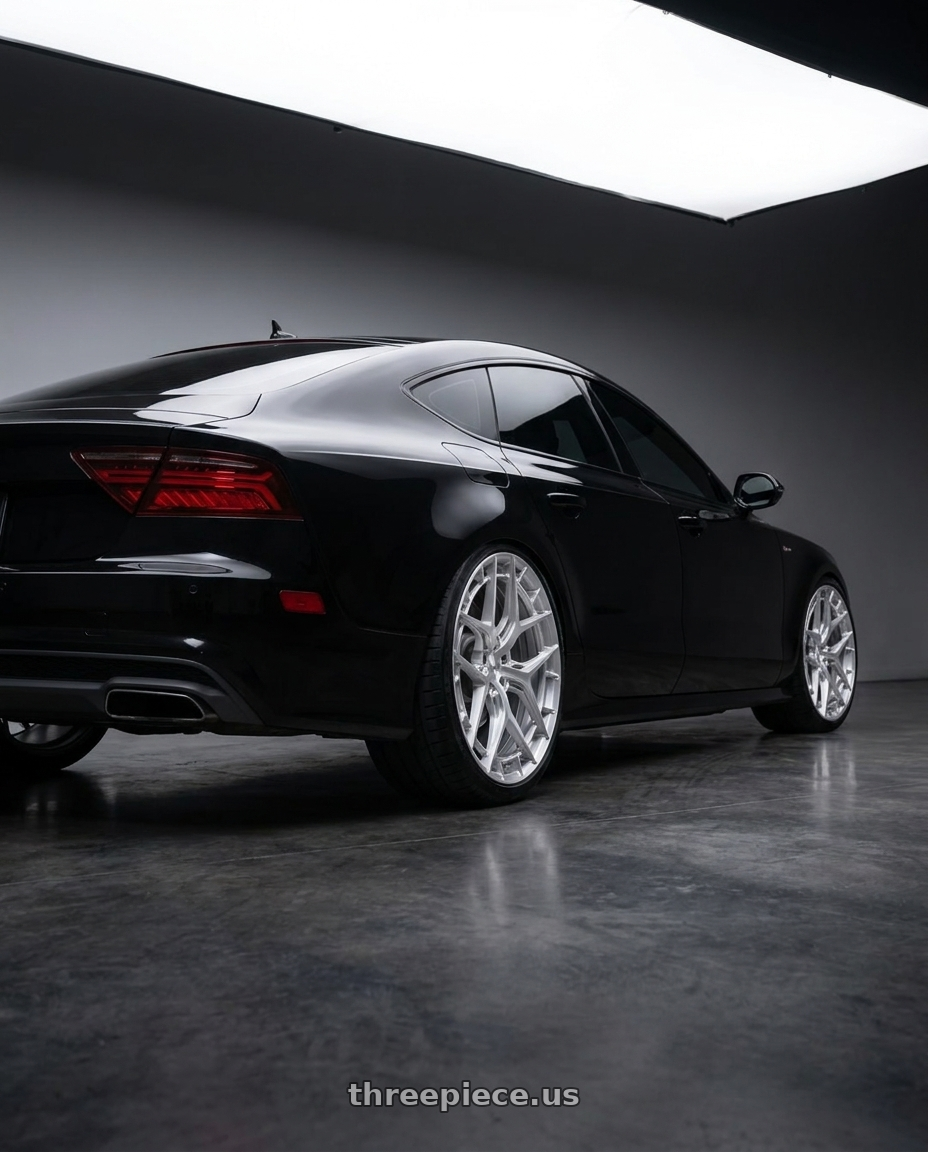 2017 Audi A7 with Niche 1PC RIVIERA 5x112 20x10.5 +38 Gloss Silver W/ Brushed Face wheels rear three quarter view square tires