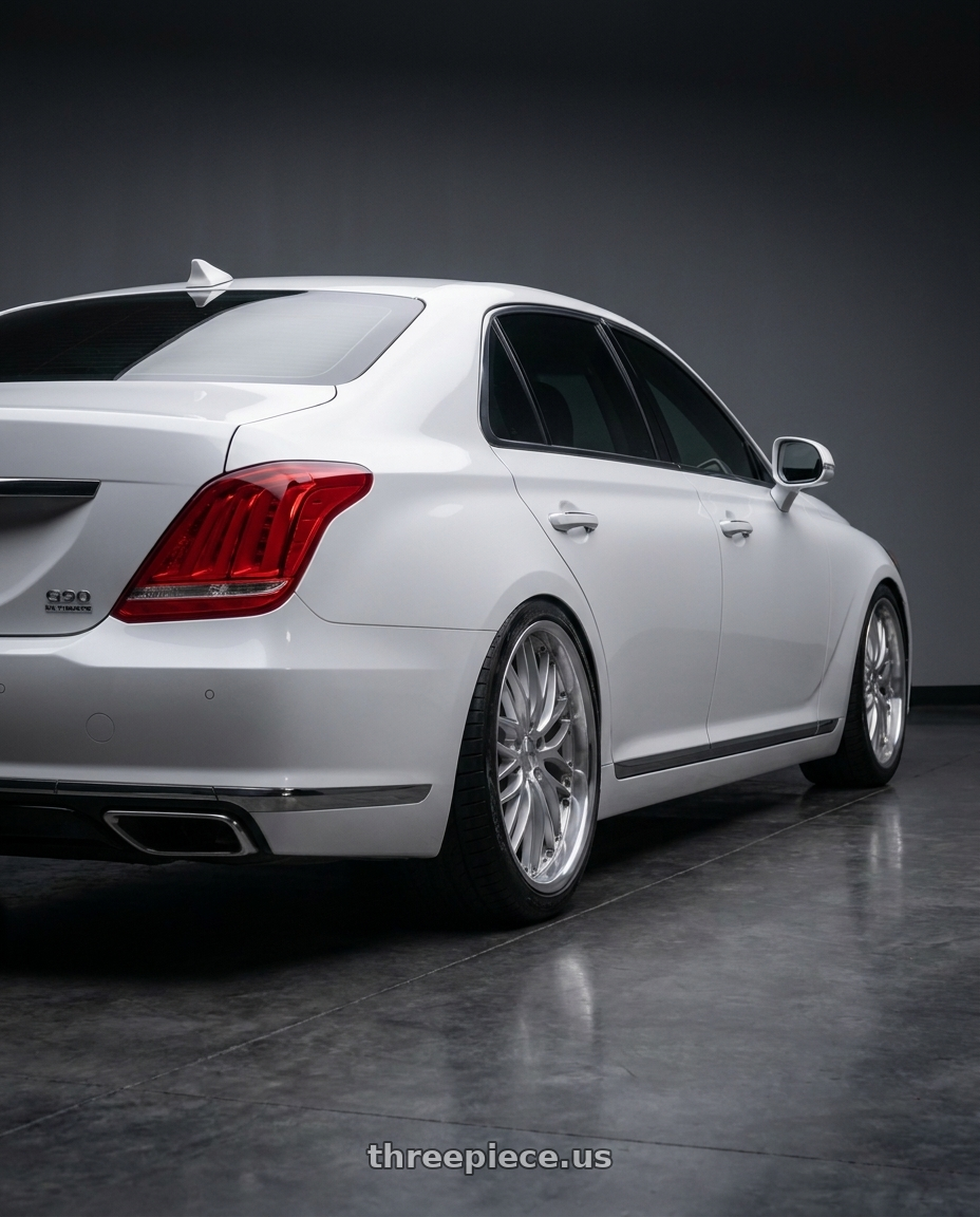 2018 genesis g90 ultimate with MRR GT1 5x112 20x10  +25 Hyper Silver Machine Lip wheels rear three quarter view meaty tires