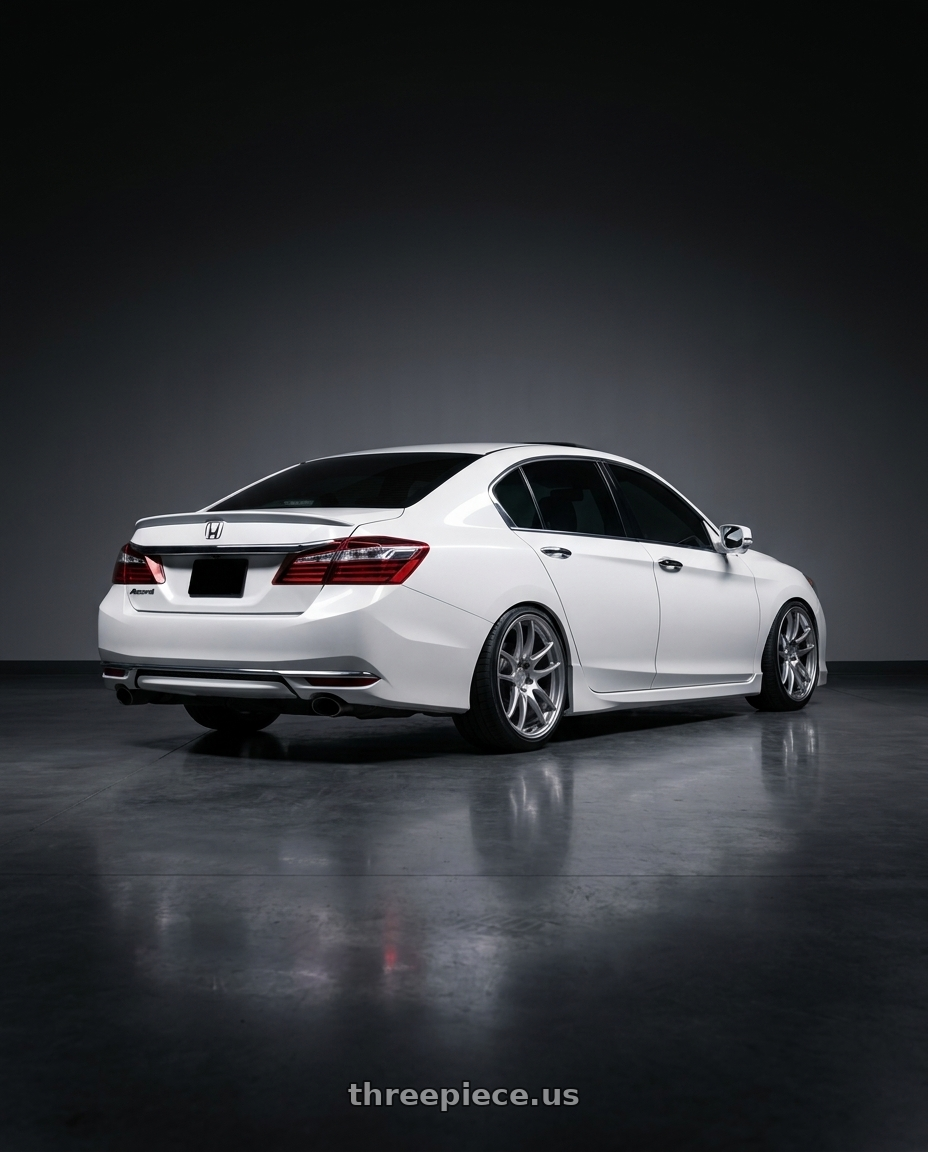2016 Honda accord with Work Emotion Cr Kiwami 5x108 18x8.5 +38 Gt Silver wheels rear three quarter view square tires