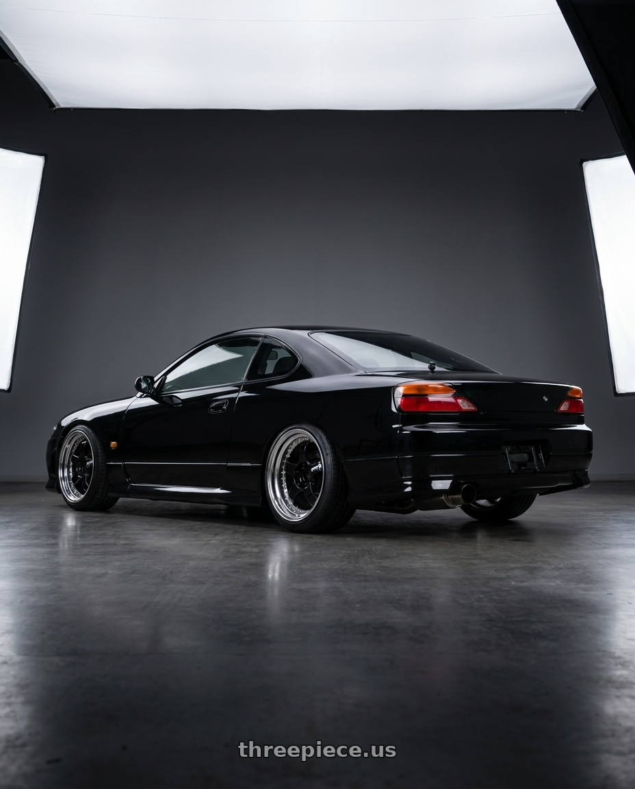 2000 Nissan Silvia S15 with Work Meister S1 3P 5x114.3 18x9.5+35 L Disk Black wheels rear three quarter view slight stretch tires