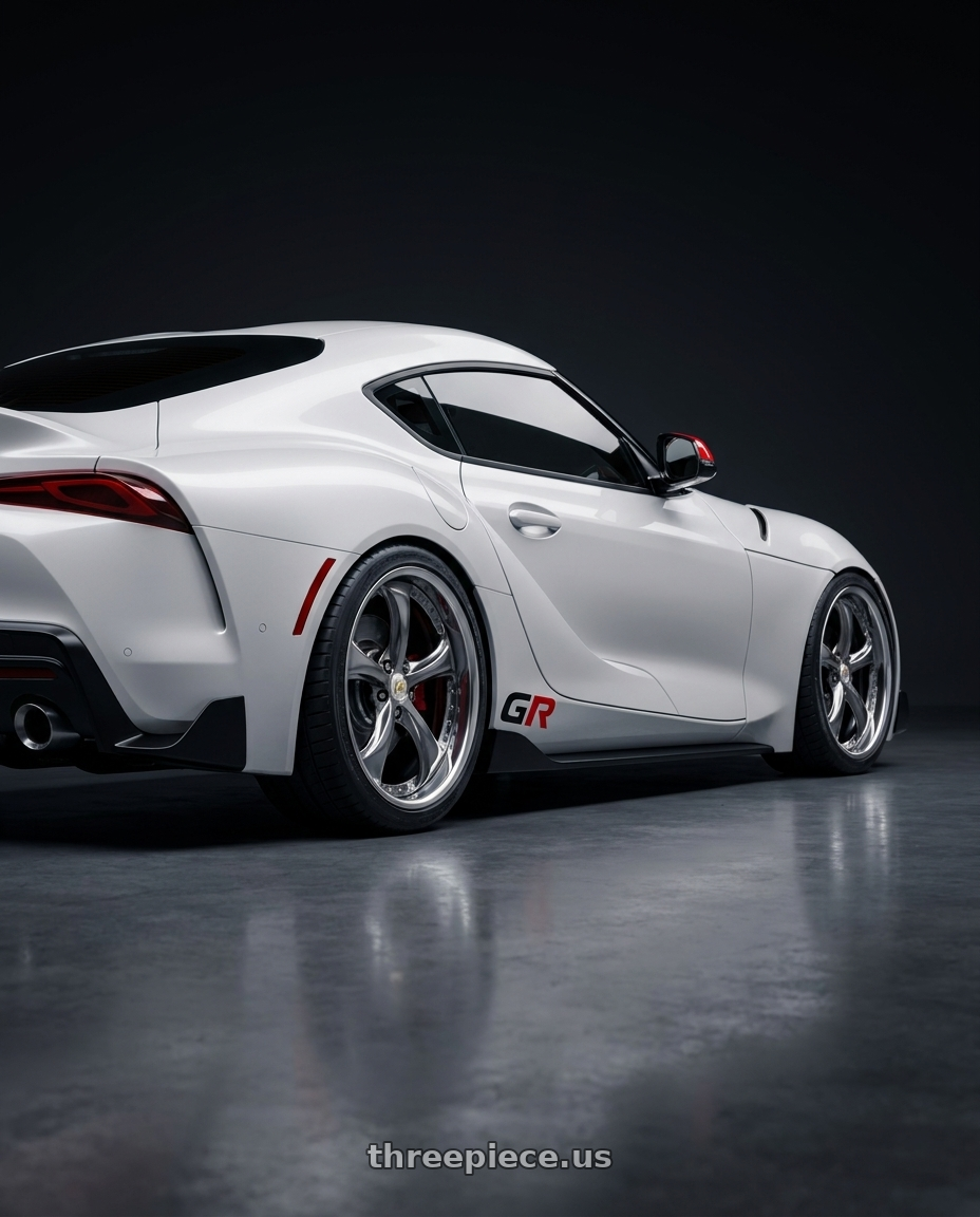 2026 toyota GR supra final with Work Wheels VS-KF 5X114.3 19x8+2 Brilliant Silver Black A Disk FULL REVERSE wheels rear three quarter view square tires