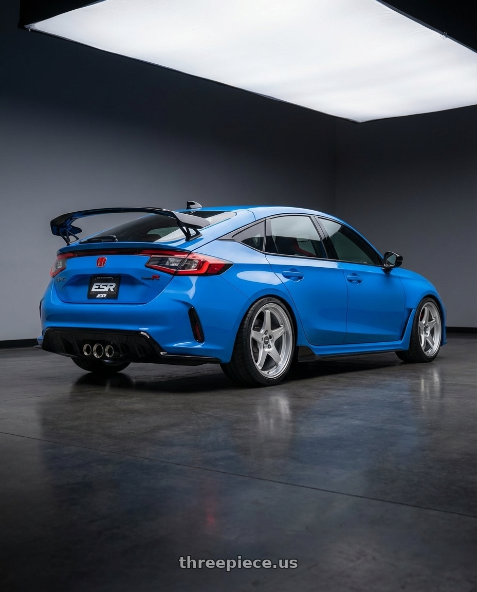 2024 Honda Civic Type R with ESR Wheels APEX SERIES AP5 5x120 19x9.5 +22 Hyper Silver wheels rear three quarter view square tires