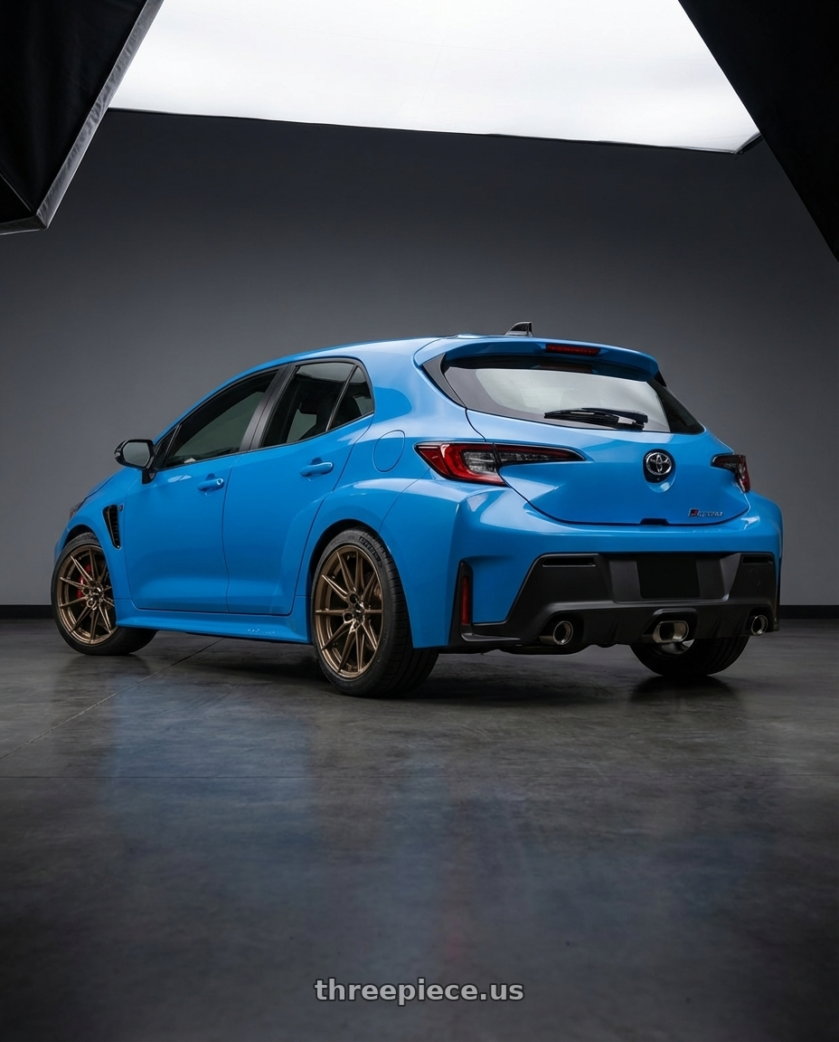 2024 Toyota GR Corolla with Konig Ampliform 5x114.3 18x9.5+35 Gloss Bronze wheels rear three quarter view square tires