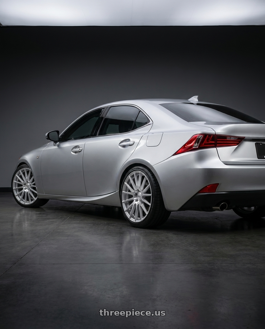 2016 Lexus IS350 with V�xx Capo 5x108/5x114.3 18x8+45 Silver Mach Face wheels rear three quarter view square tires