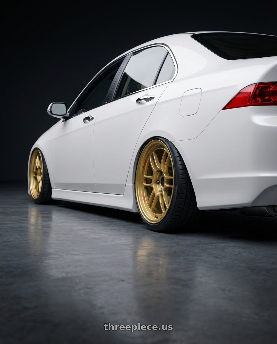 2005 Acura Tsx  with Enkei RPF1 5x114.3 18x8.5+40 Gold wheels rear three quarter view slight stretch tires