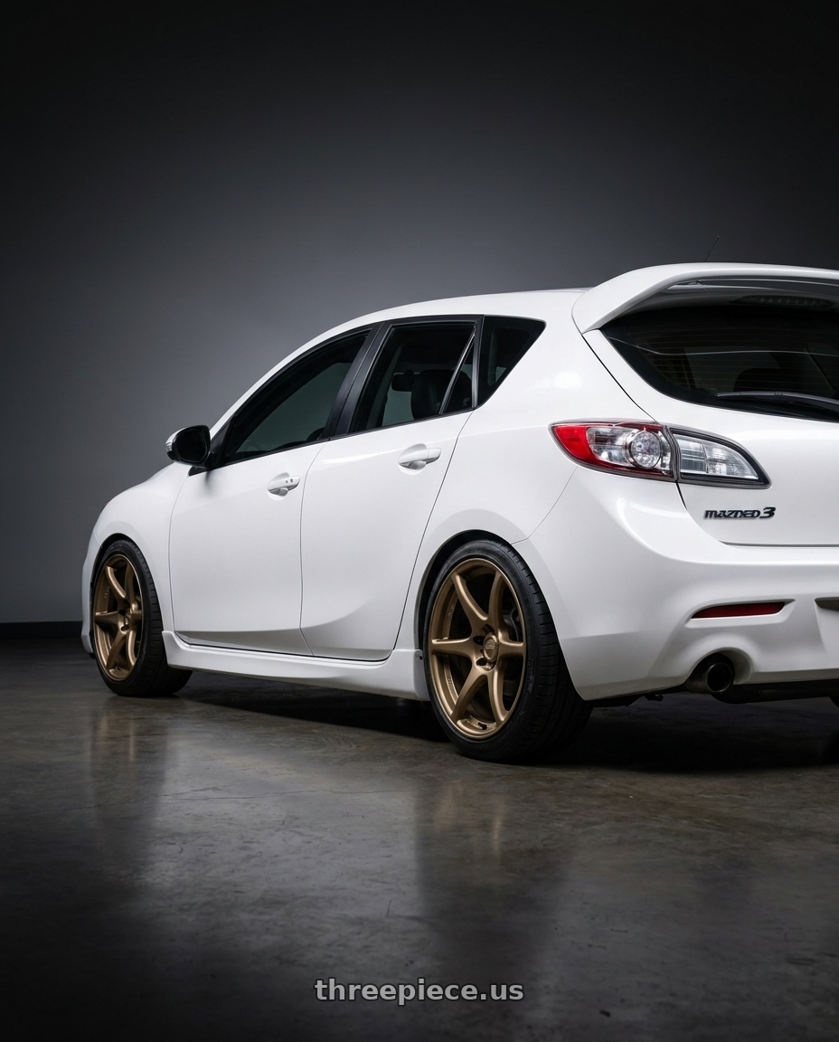 2012 Mazda Mazdaspeed3 with Kansei K11B Tandem 5x114.3 18x8.5 35 Bronze wheels rear three quarter view square tires