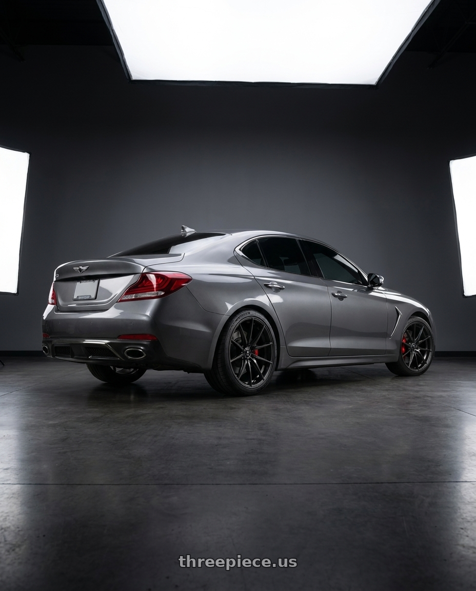 2019 Genesis G70 with Konig Oversteer 5x114.3 20x9.5+25 Gloss Black wheels rear three quarter view square tires
