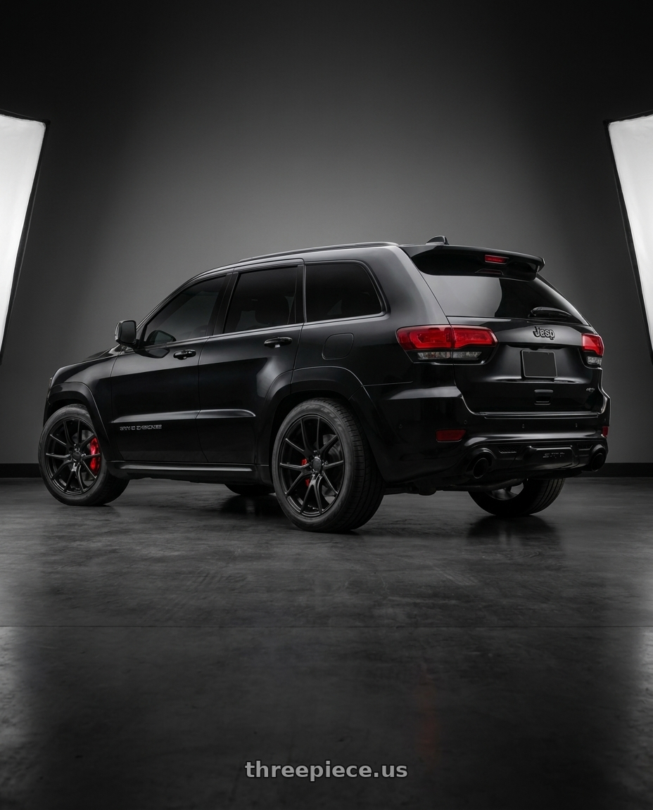 2020 jeep SRT with KMC KM696 PIVOT 5X127 20X9.5 +48 SATIN BLACK wheels rear three quarter view square tires