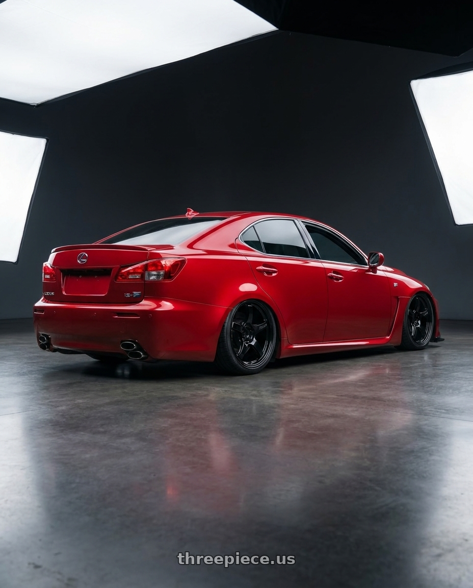 2012 Lexus IS-F with Gram Lights 57CR 5x114.3 19x10.5+12 Glossy Black wheels rear three quarter view slight stretch tires