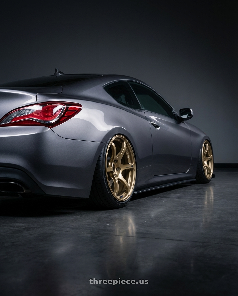 2014 Hyundai Genesis Coupe with Advan RGIII 5x114.3 19x10.5+15 Gold wheels rear three quarter view slight stretch tires